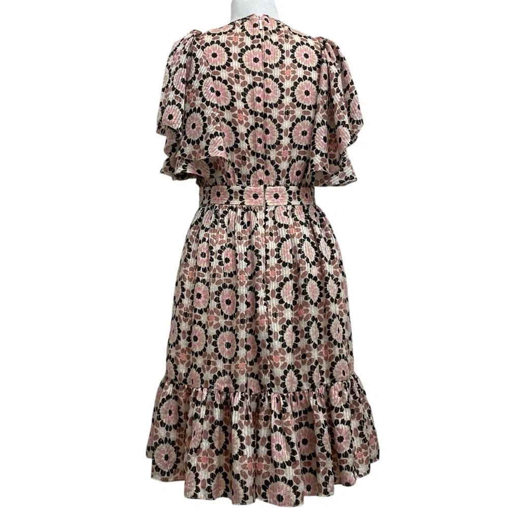 Kate Spade Pink By the Pool Mosaic Floral Print Metallic Stripe Ruffle Dress